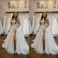 Boho Wedding Dress Side Slit Lace A Line Sweep Train Beach Bridal Gown Plus Size