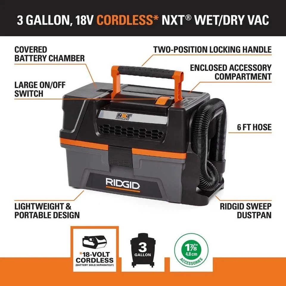 3 Gal. 18V Cordless Handheld NXT Shop Vacuum Wet Dry Vac (Tool Only) with Filter - Image 3 of 4