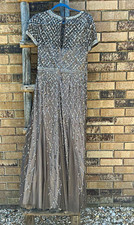 Adrianna Papell Women's Gray Mesh Beaded Sequin Round Neck Long Gown Size 10