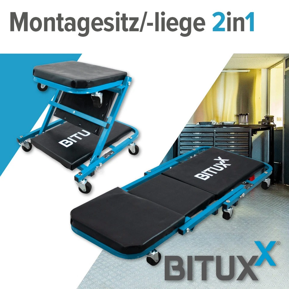 Montagesitz Werkstattliege Werkstatthocker Montagerollbrett 2in1 BITUXX