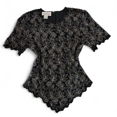 Laurence Kazar Abendtop Perlen Glam Seide Vintage 90er bestickt Reißverschluss schwarz S