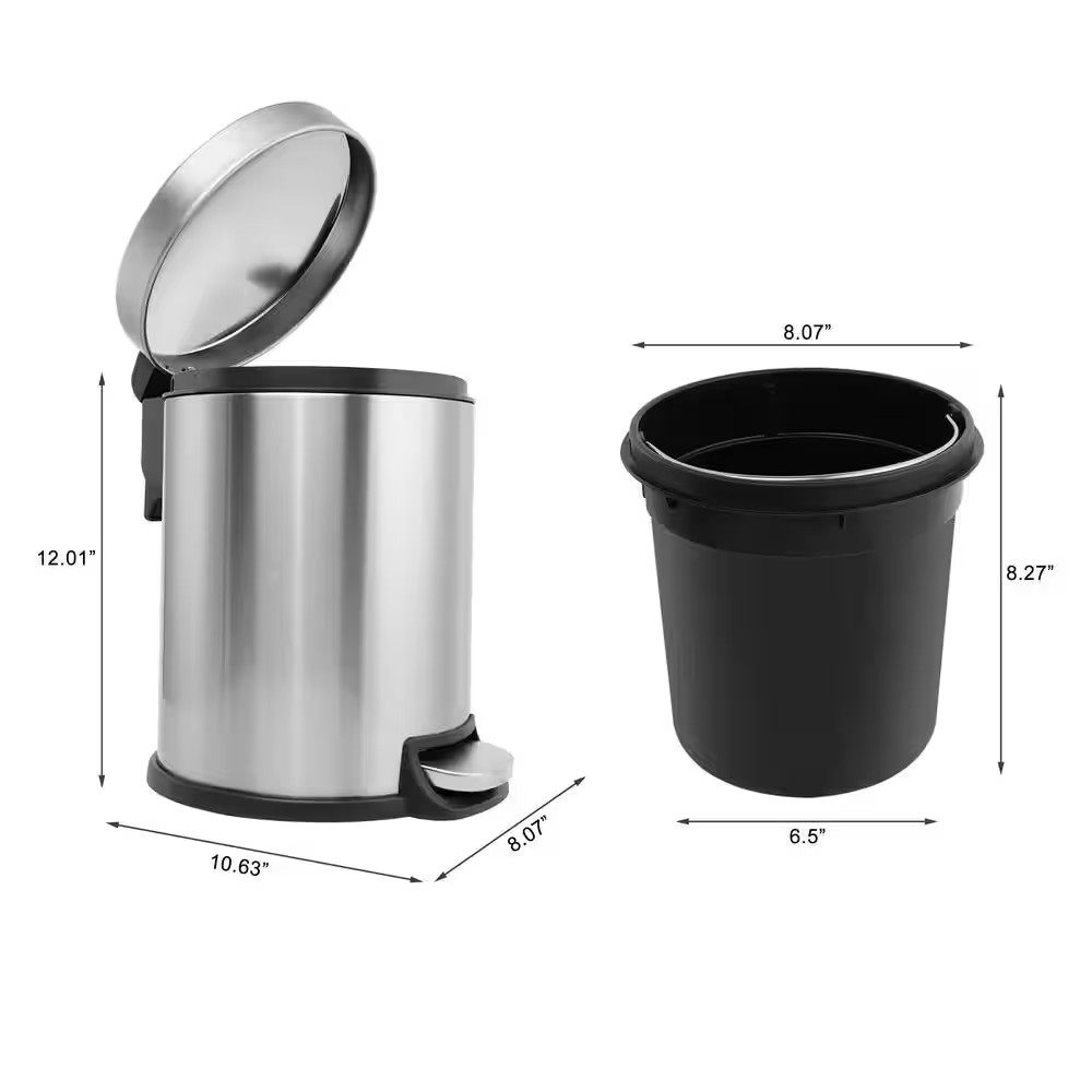 1.3 Gal. Stainless Steel Brushed Fingerprint-Resistant round Step-On Trash Can
