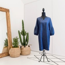 Talbots Women s 8 Petite Pleated 3/4 Sleeve Denim Chambray Shift Dress Blue