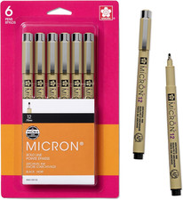 SAKURA Pigma Micron Fineliner Pens, 12 Tip Size, Archival Black Ink, 6 PK 50132