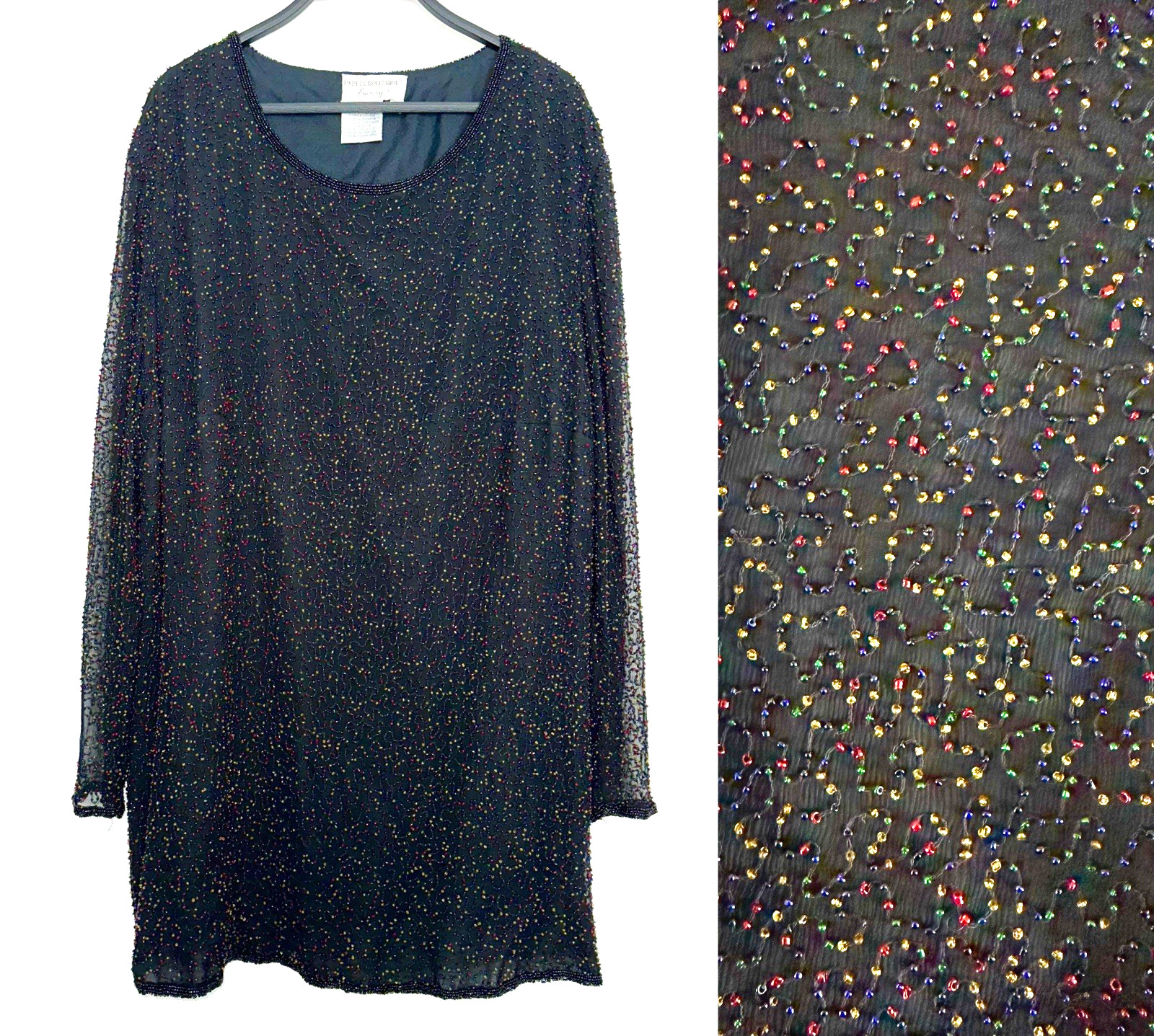 PAPELL BOUTIQUE EVENING Plus 2X Heavily Beaded Silk Top Black w/ Multicolor
