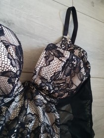 Ann Summers Black & Nude Lace  & Mesh Corset Back Babydoll Dress Size 18