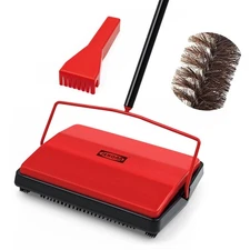 Manual Carpet Floor Sweeper w/ Horsehair Roller Brush Pet Hair & Debris (Red)