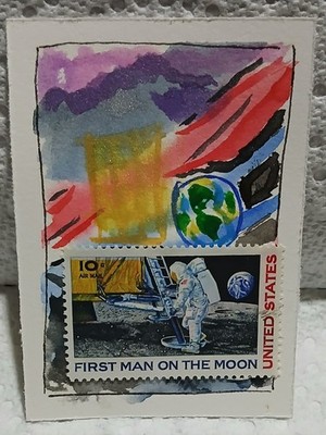 Postal Whimsy First Man on Moon  Abstract  OOAK ACEO  Vintage Stamp by Virginia