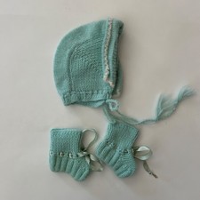 Vintage Light Green Knit Baby Bonnet Booties from 1957 unbranded