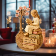Personalized Book Lover Ornament, Girl Reading Acrylic Ornament