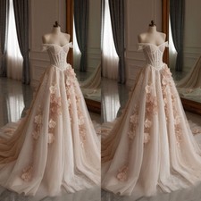 Vintage Light Pink 3D Flowers Wedding Dresses Off the Shoulder A Line Bridal
