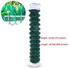 6 Ft x 50 Ft GREEN PVC coated Chain link fence 11.5G Galvanized Steel (72x600in)