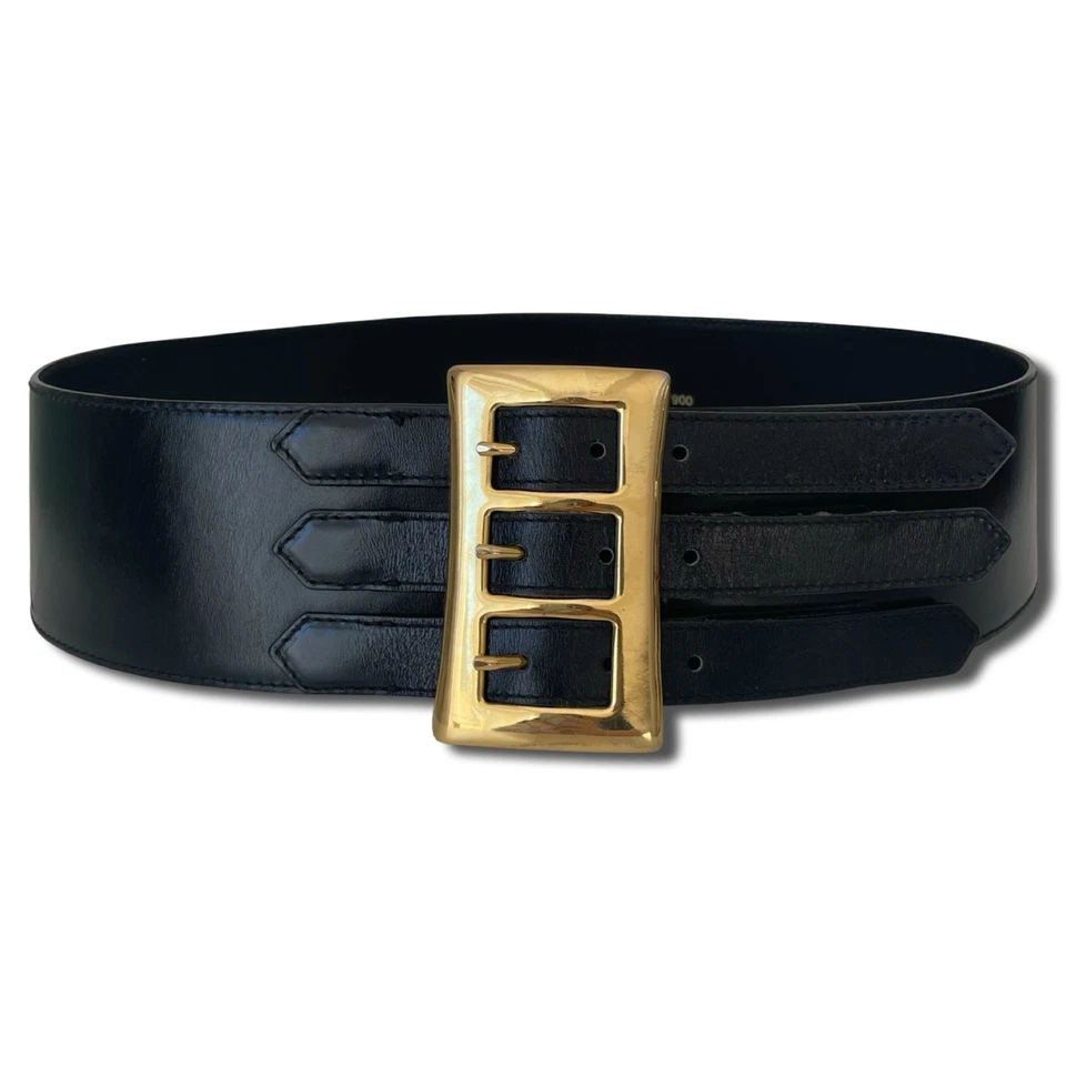Escada Vintage Black Leather Wide Belt Gold Triple Buckle Made in Germany 38 - Image 2 of 4