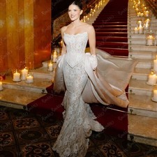 New Wedding Dresses Strapless Appliques Lace Mermaid Bridal Gown Button Chapel