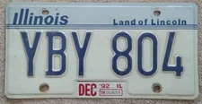 1992 Illinois License Plate YBY 804 - Land of Lincoln
