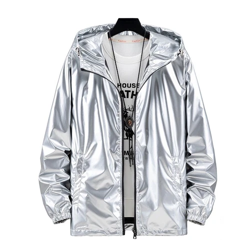 Herren glänzende Jacke Kapuze Mantel holografisch Harajuku Mode Top Freizeit - Bild 2 von 23