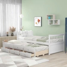 Twin/Full Size Bed Frame Wooden Platform Bed w/ Trundle Bed & 3 Drawers White