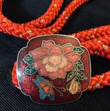 Vtg Womens Red Cloisonne Floral Buckle Braided Rope Belt Boho Festival 31-35  