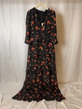 Vilshenko AW18 Black Tulip Print Silk Maxi Long Dress 16UK