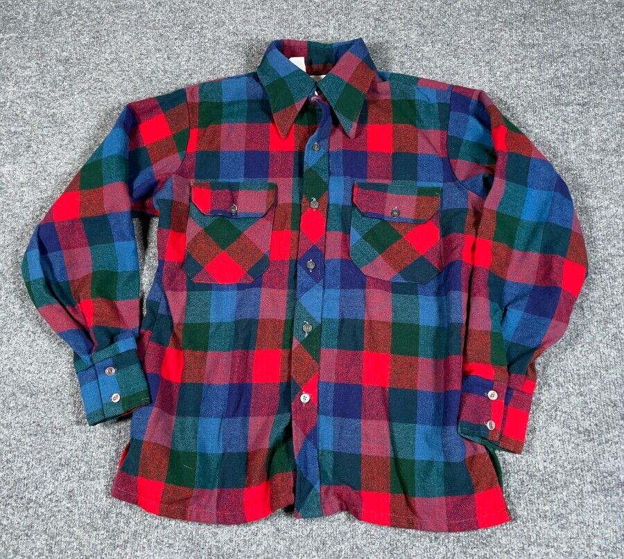 VTG 80s Colorful Plaid Check Flannel Shirt Adult Medium Blue VTG 80s Colorful Plaid Check Flannel Shirt Adult Medium Blue