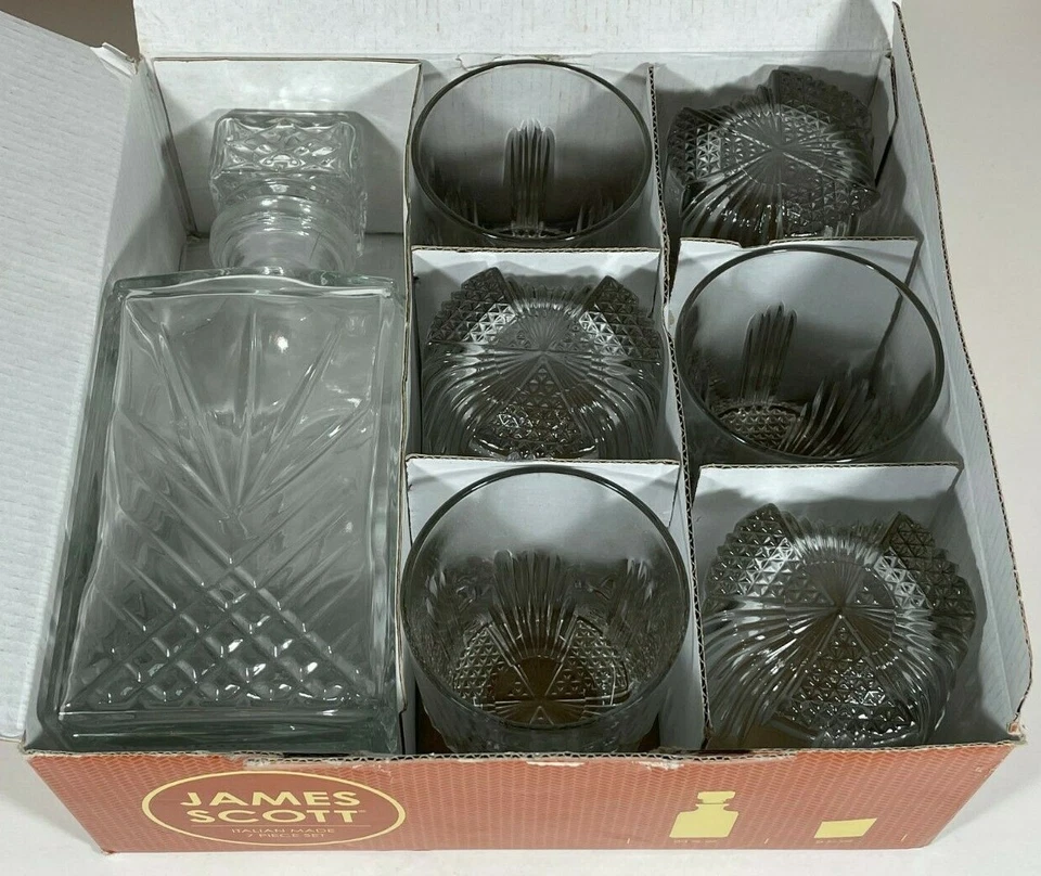 NEW James Scott Glass 7-Piece Whisky Set Italian Crafted Decanter & 6 Glasses - Image 2 of 4