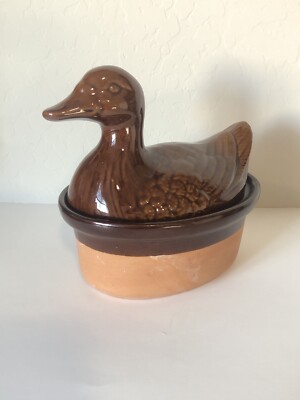 Duck Casserole Glazed and Terra Cotta Lidded Dish 16 OZ Oven Proof