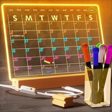 13 x 9 Inch Light Up Dry Erase Calendar, Acrylic Board, 5 Markers, USB Powered