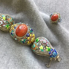 Ladies' Vintage Handmade Floral Blue Inlaid Ruby Buckle Bracelet Ring