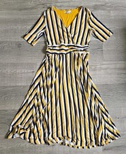Boden Dress Women 10R US 14R UK Yellow Navy Stripe Jersey Midi V Neck Wrap Boho