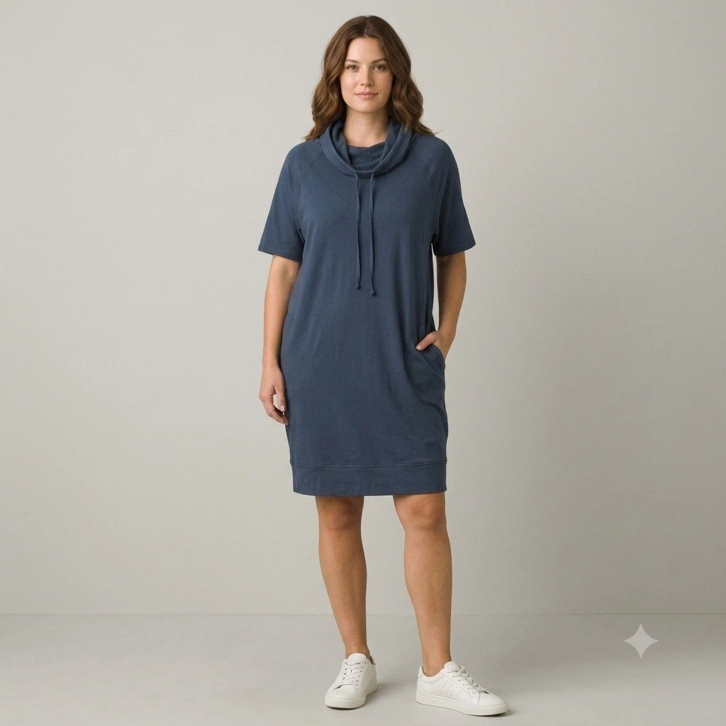 Prana Short Sleeve Hoodie Dress Womens XL Blue NEW Modal Blend Pockets