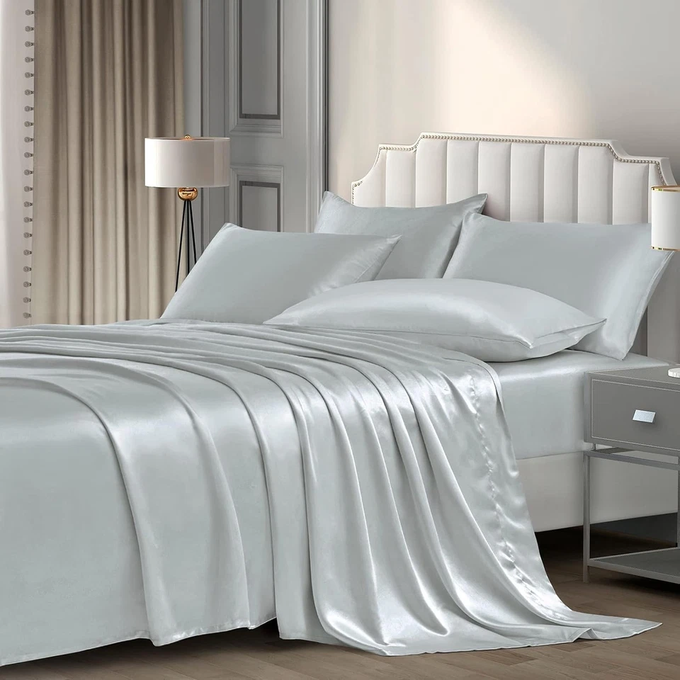 Soft Silver Grey Satin Sheets King Set - 6 Pieces, Wrinkle Resistant & Stylish - Image 4 of 4