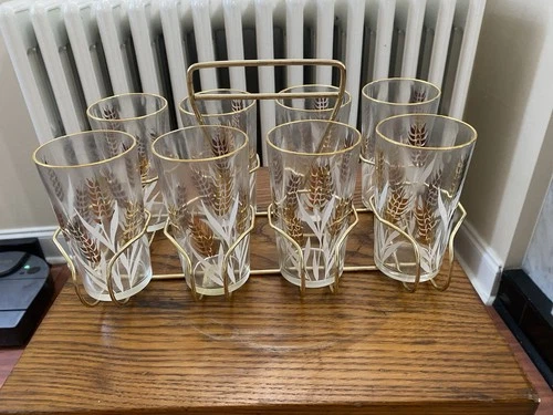 Mid Century "Jeanette" Wheat Pattern 8 Tumbler Glass Set W Original Holder MCM