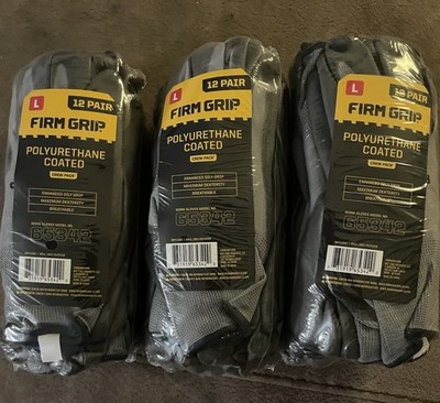 Firm Grip Gloves, 3 Packs,12 Pairs In Each Pack, Polyurethane Coated , Sz Large