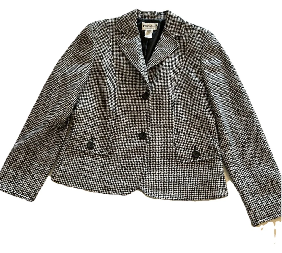 Blazer De Colección Pendleton Mujer Talla 6 100% Lana Virgen Negro Pata de Gallo Chaqueta Corta Foto 3 de 4