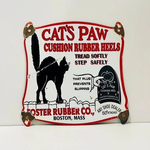 Cat's Paw Cushioned Rubber Heels Foster Rubber Co. Porcelain Enamel Vintage Sign