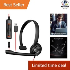USB Headset With Microphone Black 1 Pack On-Ear Wired Noise Cancelling Office