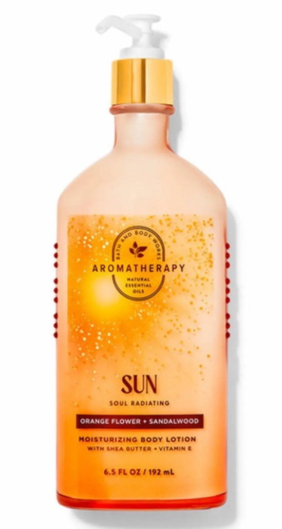 Bath & Body Aromatherapy Sun Orange Flower Sandalwood  Lotion Glass Pump 6.5 