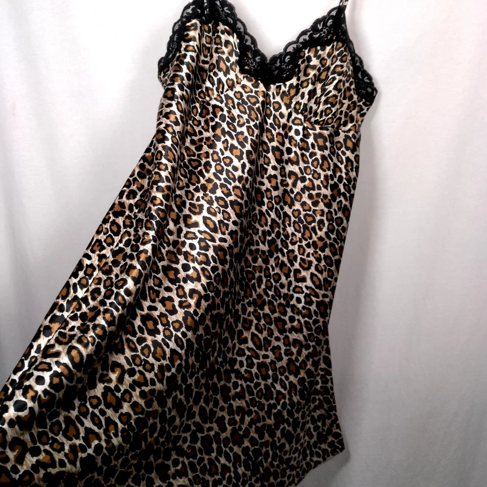 Ambrielle Chemise Camisón Sin Mangas L Animal Leopardo Gato Estampado Sedoso Sexy Borde de Encaje Foto 4 de 4