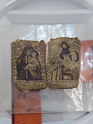 Vtg MGM Catholic Brown Scapular Our Lady of Mt Carmel St Simon Stock Tapestry 