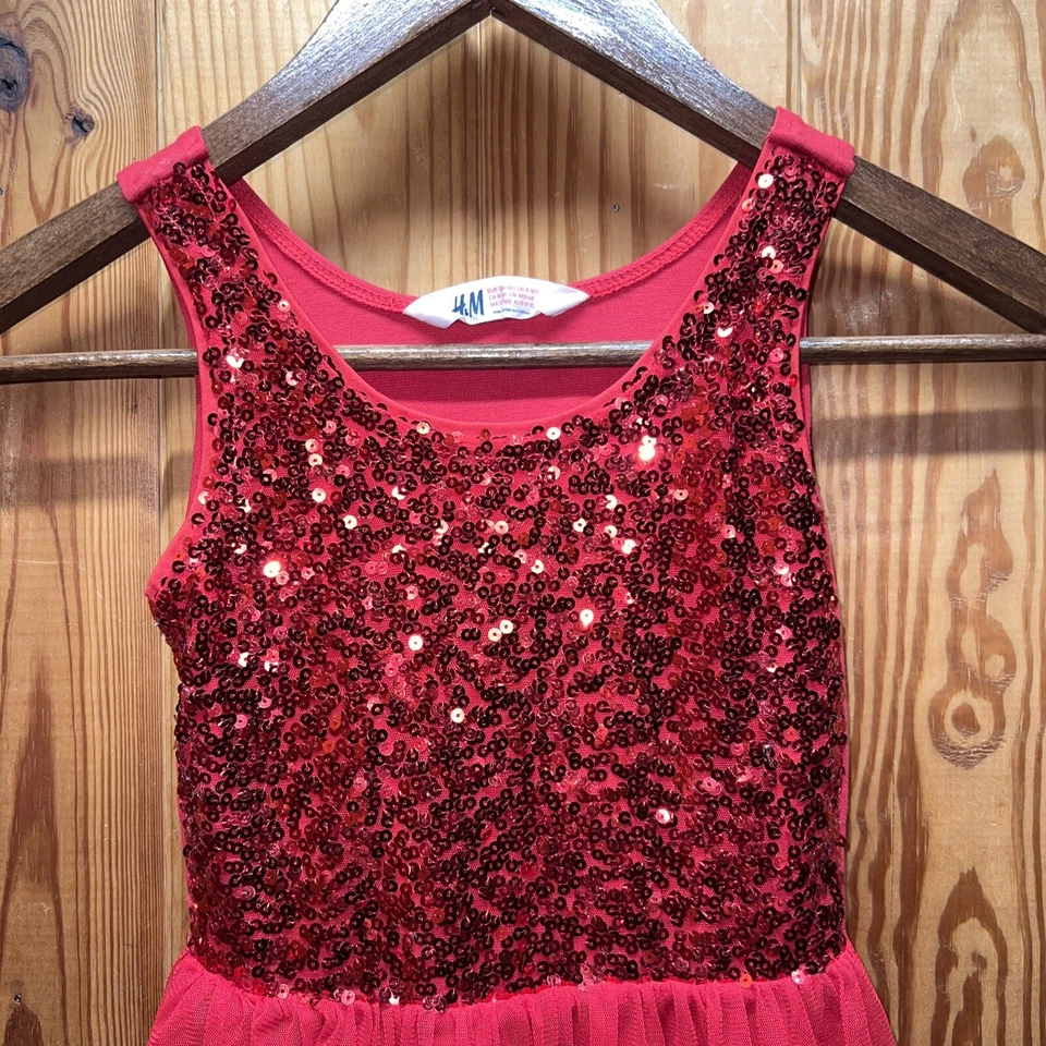 Vestido H&M Lentejuelas Tul Sin Mangas Forrado Rojo Niñas Talla 13-14 Usado en Excelente Condición Foto 2 de 4