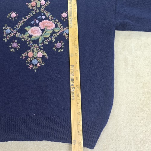 Deans Of Scotland 100% Wool Womens Blue Sweater W/ Floral Needlepoint Size Xl - Picture 15 of 23