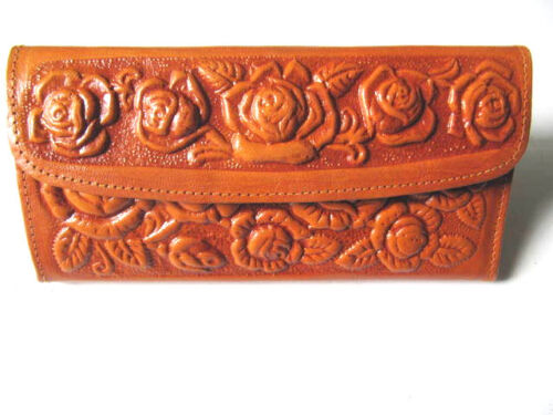 Leather Wallet Mexican Tooled Flowers Mirror Credit Cards Coin Purse Tan Ladies - Photo 1 sur 16