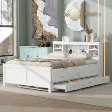 Full Size Bed Frame W/ Storage Headboard/ USB/Twin Size Trundle /3 Drawers White