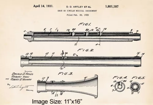 1931 Patent Art Print 11"x16" Oboe Drawing Artley Gift Ideas Illustration Poster
