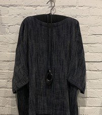 New Eskandar Navy Pleated Textured  Linen Viscose Long Dress W/ Front Pocket (0)