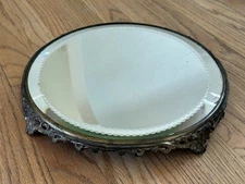 Antique Victorian Ornate Footed Plateau Beveled Mirror 12” Vanity Tray Metal