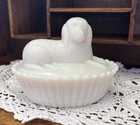 Vintage Antique Westmoreland 1889 - 1924 Dog on Bed Nest Covered Milk Glass Dish