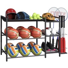 Sports Equipment Organizer, 3 Tier Ball Storage Rack with Baseball Bat Holder...