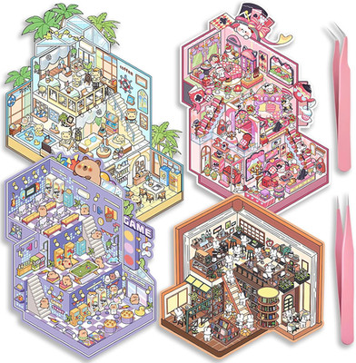4 Sets Big DIY 3D Sticker Scene Isometric Miniature Room Book Kids House Sticker