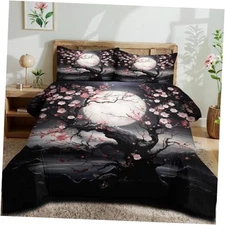 Japanese Style Cherry Blossom Comforter Set King King(104" x 90") Black Floral